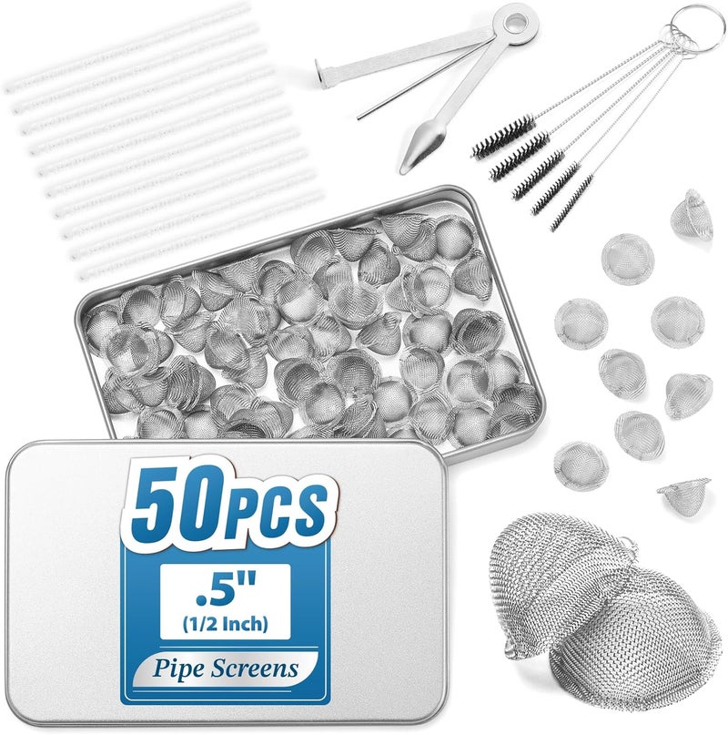 STANKER Pipe Screens Filter, 1/2 Inch 50 Pcs Adjustable Tapered Design Bowl Screens with Pipe Cleaners, 3 in 1 Tool, Bottle Brush, 0.5 Inch Stainless Steel Mesh with Metal Box - Image 1